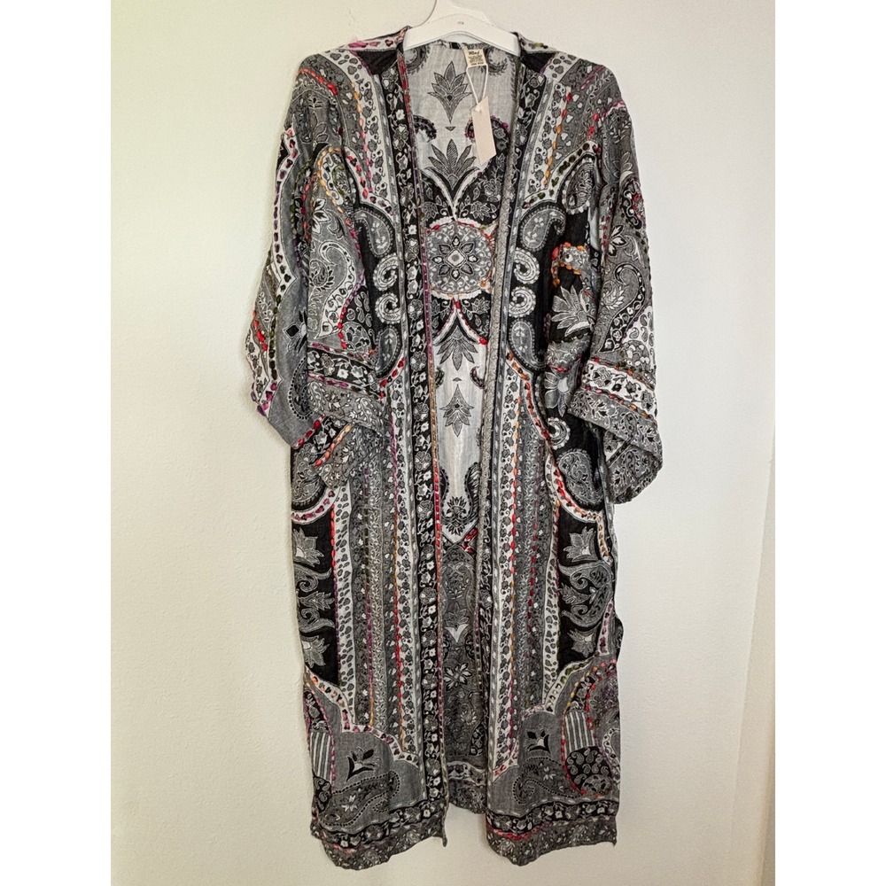 Raj Paisley Kimono Robe Black White Embroidered Duster One Size NWT